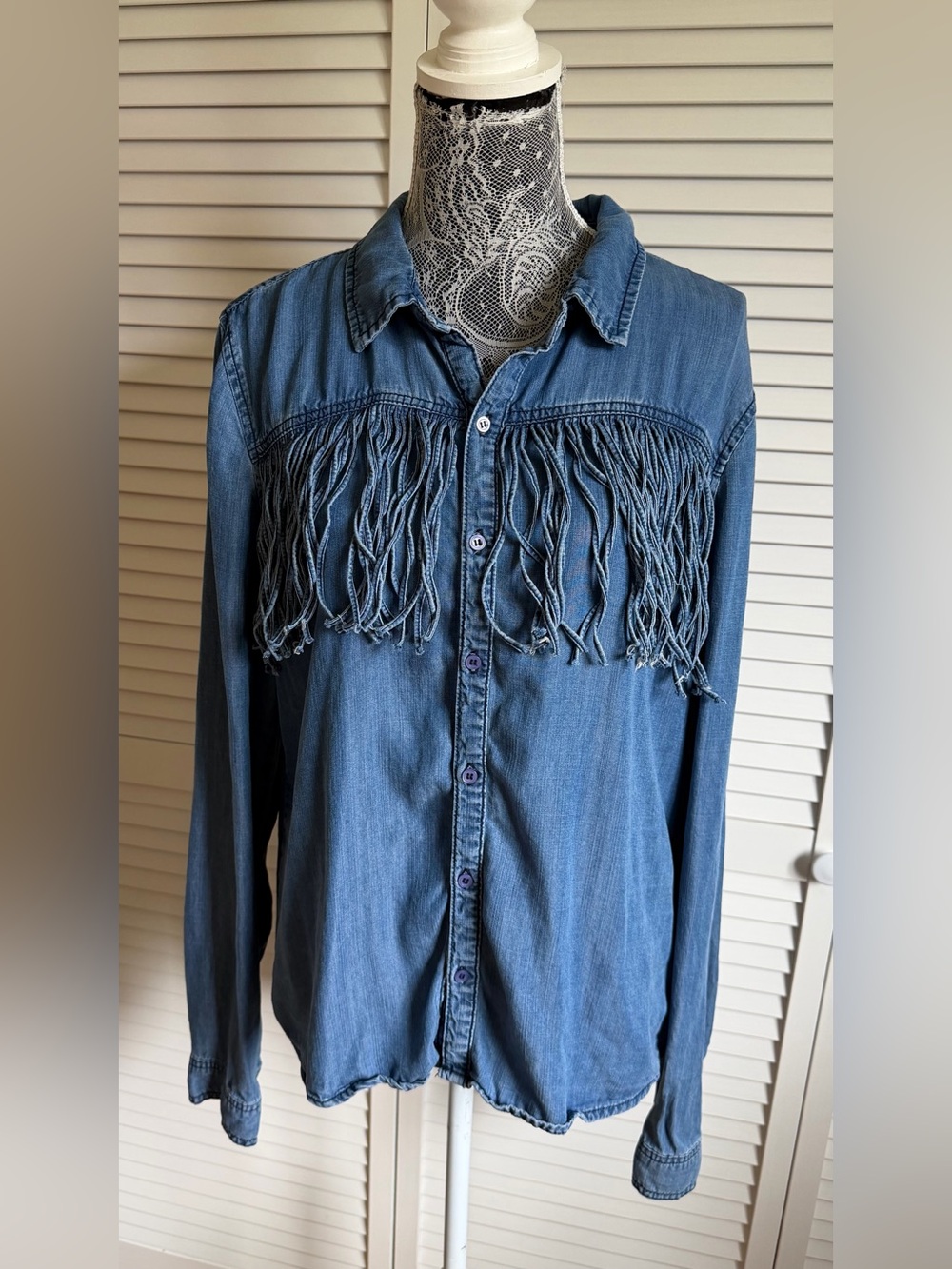 Scully Blue Tencel Denim Fringe Western Shirt – Size L